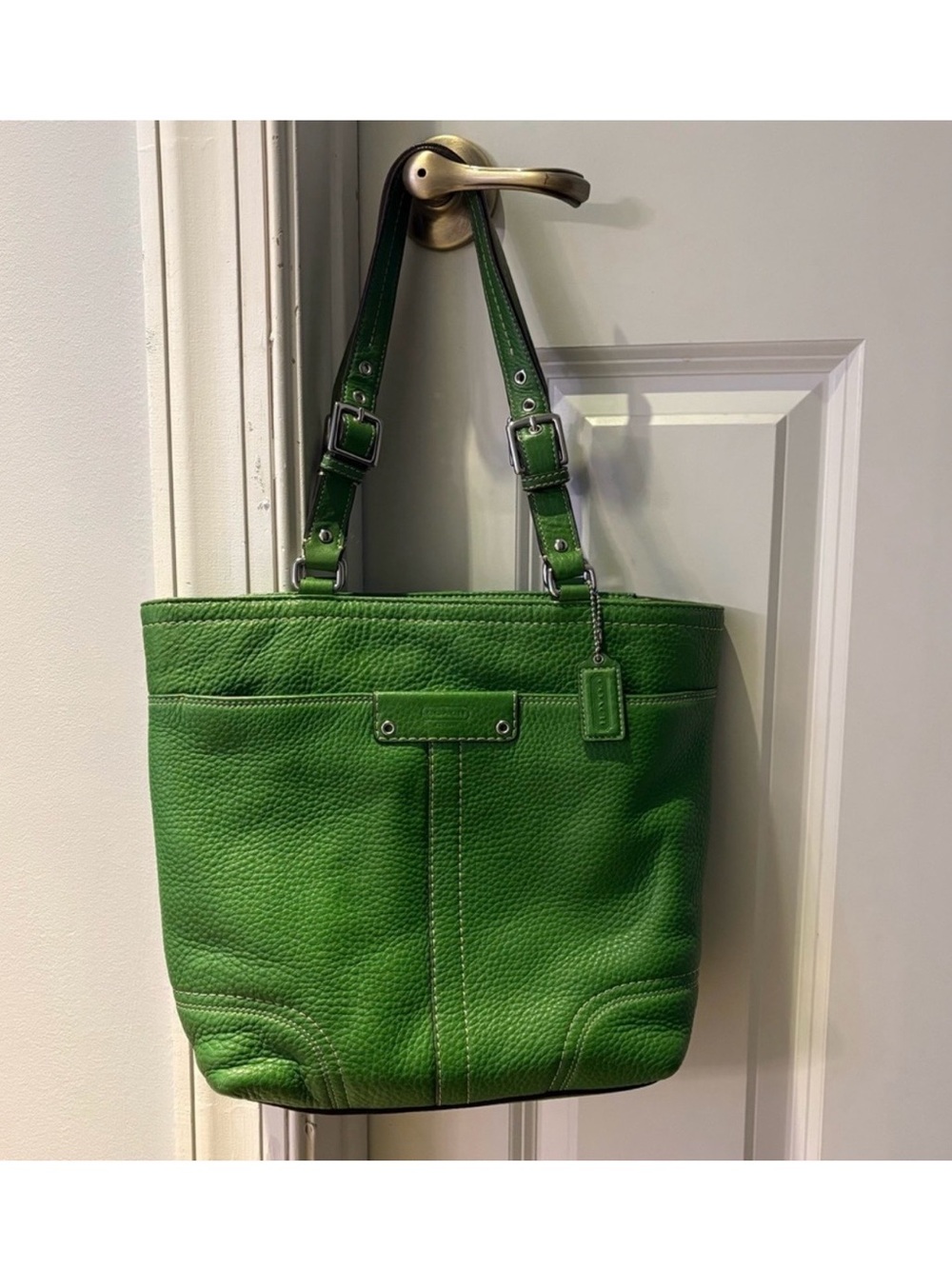 Coach Green Leather Tote with Green & White Scarf
